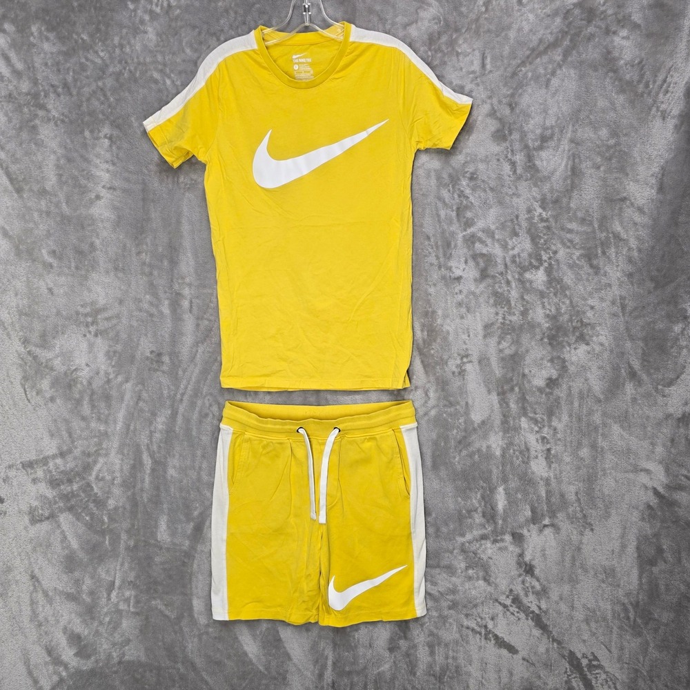 Nike T-Shirt and Shorts Set Mens Small Yellow White Big Swoosh Lounge Streetwear